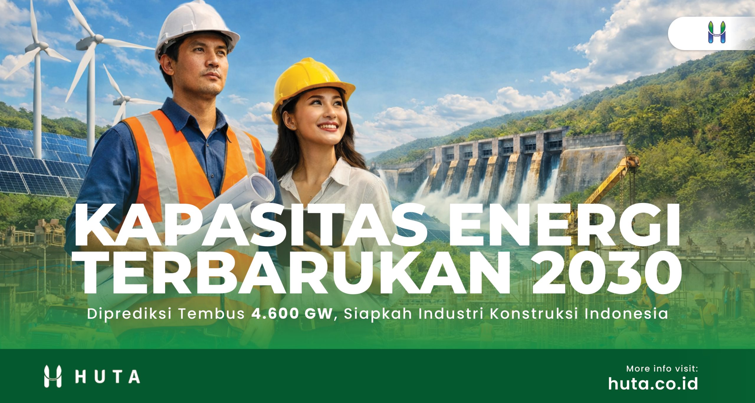 Ilustrasi proyek panel surya dan turbin angin skala besar sebagai bagian dari peningkatan kapasitas energi terbarukan global hingga 2030