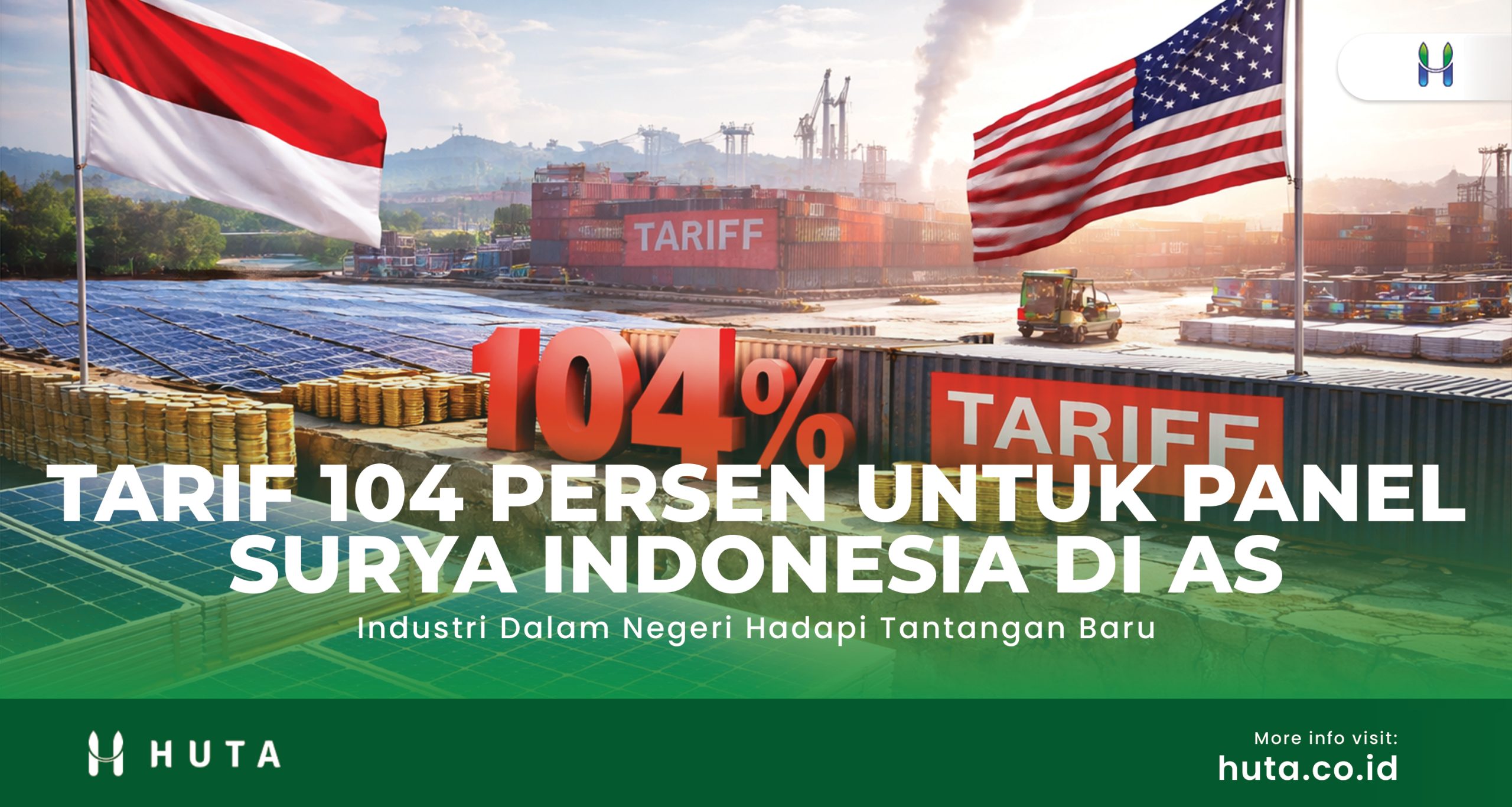 Ilustrasi panel surya produksi Indonesia dengan latar aktivitas ekspor sebagai dampak kebijakan tarif impor AS
