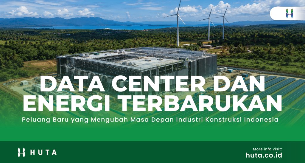 Pembangunan data center modern dengan panel surya dan infrastruktur energi terbarukan di Indonesia.